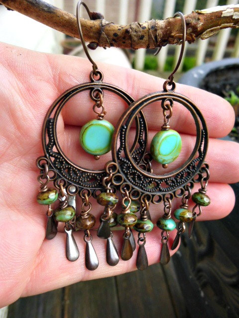 Chandelier Earrings. Scroll Filigree. Antique Copper, Green Czech Picasso Glass. Bohemian, Boho Dangle Earrings. Jewelry. Hoops.
