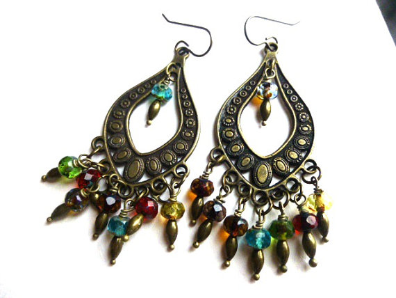 Rainbow. Bohemian Earrings. Czech Glass. Bronze. Boho. Chandelier ...