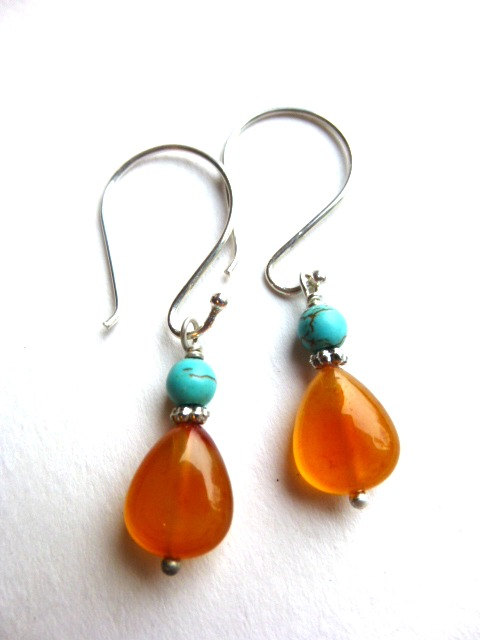 Orange Agate, Turquiose Gemstone Small Dangle Earrings. Sterling Silver Bali Silver. Silver Earrings. Stone Earrings. Jewelry