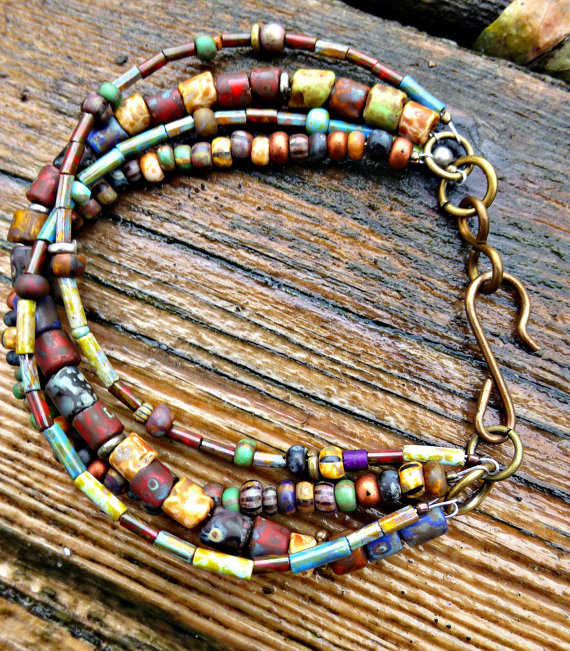 Customization. Multi-strand Bohemian, Hippie Bracelet. Earth Tone. Picasso Czech Seed Bead Glass Jewelry. Bracelet. Brown. Glass And Metal