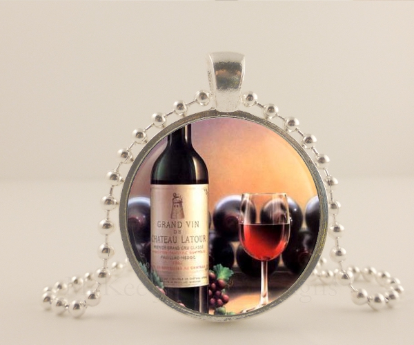Wine Lover Jewelry, Jewellery, Necklace. Glass Dome, Metal Pendant